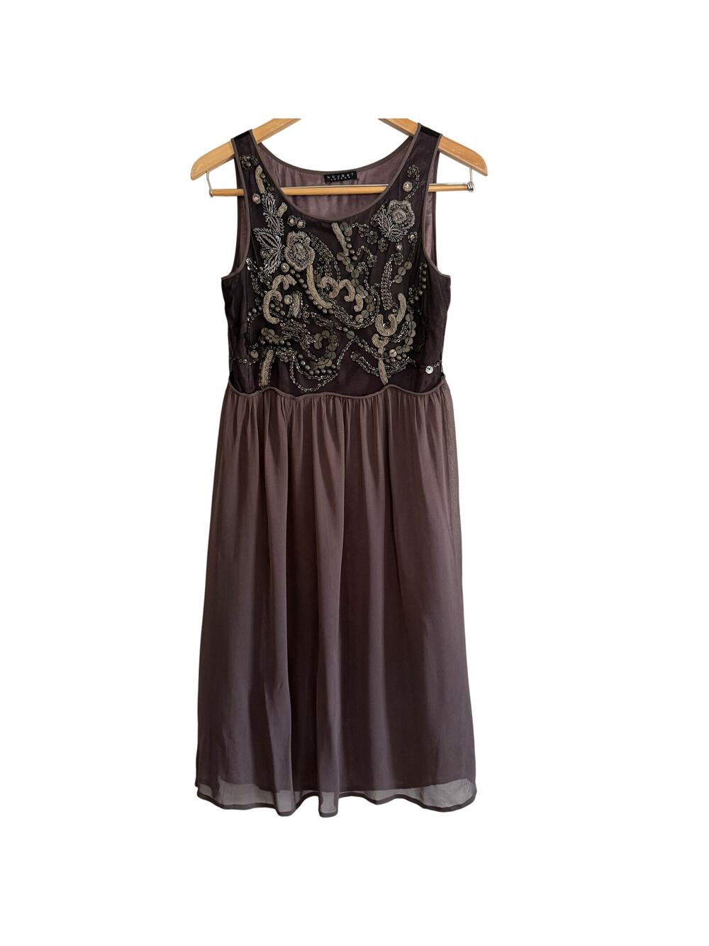 90s Vintage NOUGAT LONDON Gray Silk Embellished Scalloped Cocktail Dress Medium